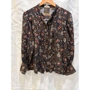 Grace & Mila Paris Floral‎ Metallic Lurex Blouse Black Rust Boho Puff Sleeve L